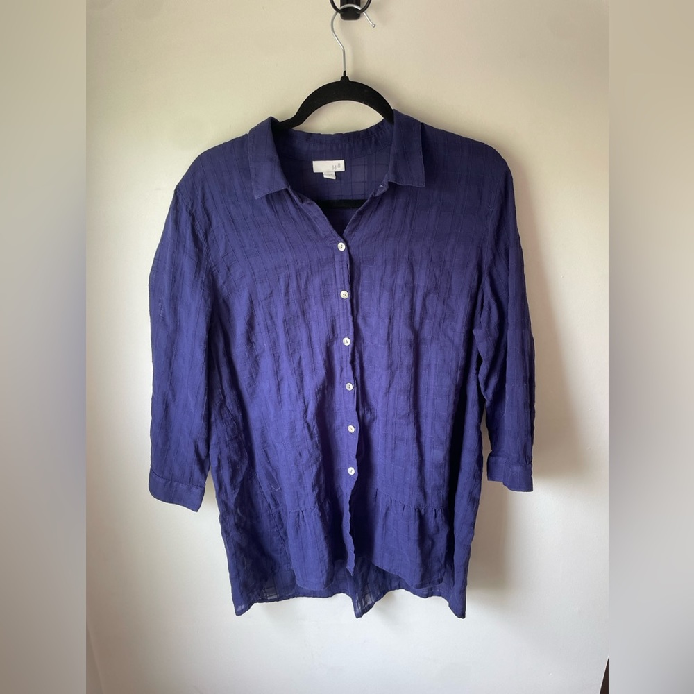 J. Jill Large 100% Cotton Navy Lightweight Button Down Shirt Ruffle